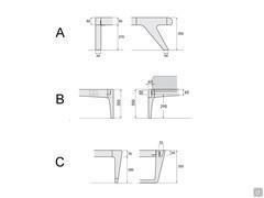 Models of feet available for the Domingo bed: A) and B) are two tall solid wood variants, while C) is the sled structure