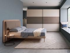 Upholstered bed with Taylor high and wide headboard, consisting of a back panel and two attached cushions