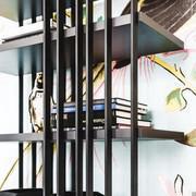 Detail of metal structure and wooden shelves
