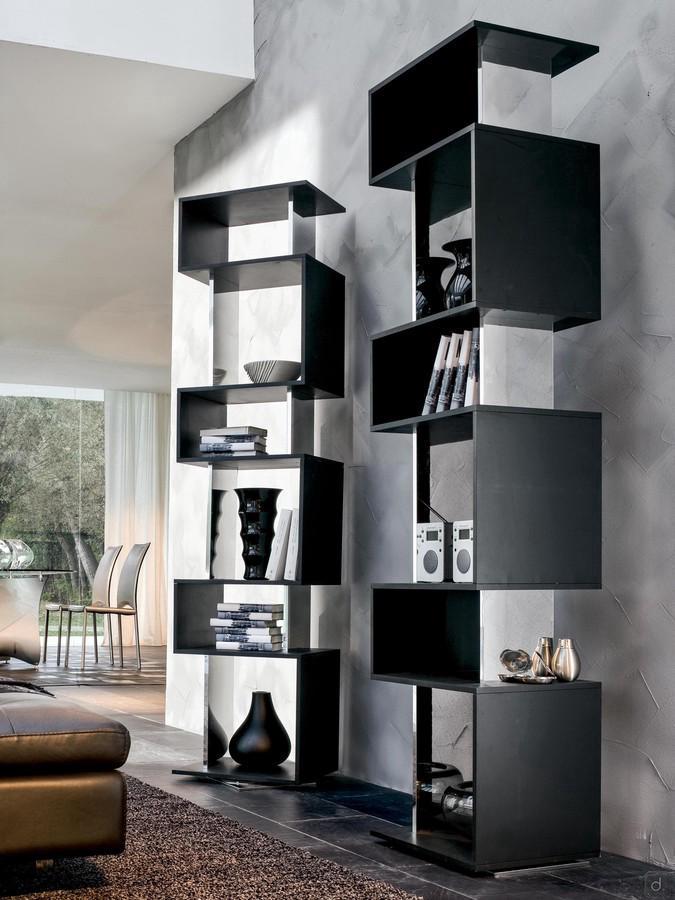 Revolving bookcase with mirror elements Osuna in black lacquer, with six asymmetrical shelves