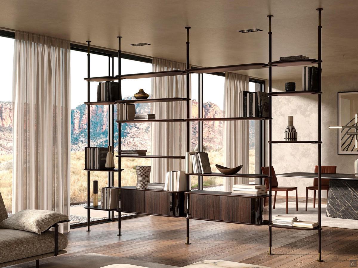 Modular bookcase with Harbour uprights by Cattelan in double-sided partition version, with metal posts fixed to floor and ceiling