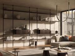 Harbour modular bookcase by Cattelan in the ceiling version, but still mounted against a wall. Ideal solution to furnish plasterboard walls without holes