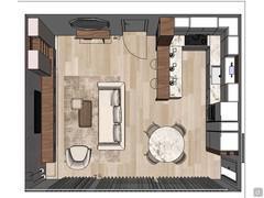 Open-plan design with kitchen and living room