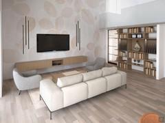 Photorealistic rendering of living room project with living room, TV wall and bookcase