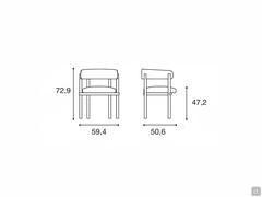 Diagrams and dimensions of the Elsa chair, with a low, wrap-around backrest and a width of approximately 60 cm