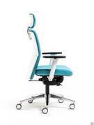 Detail of the office chair in white and polished aluminium version, equipped with an elevating and reclining headrest