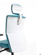 View of white plastic backrest with adjustable headrest