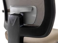 Detail of mesh backrest in Antique Bronze colour, black plastic frame and adjustable lumbar support in RAL 7047 grey plastic