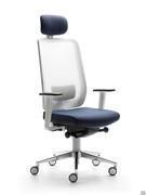 Elon office chair with white shell, fast synchronised mechanism, height- and width-adjustable armrests and polished aluminium base