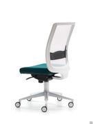 Detail of the mesh backrest with white plastic frame and height-adjustable lumbar support