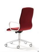 View of the back of the upholstered body of the Mark chair, which unlike the quilted front has a smooth cover