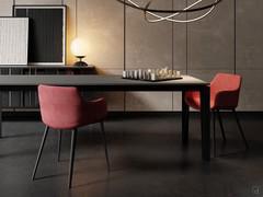 Views of the Count chair upholstered in stain-resistant Venice fabric, here proposed in the armchair version with black painted metal legs