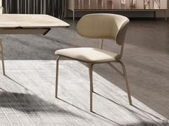 Linda chair, characterised by its distinctive curved and enveloping backrest, with champagne-painted metal frame