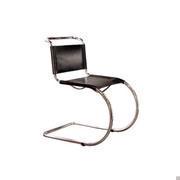 Three-quarter view of the Van der Rohe cantilever chair with chrome-plated steel tubing and leather-covered seat and backrest