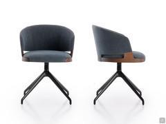 Side and front view of the Velis armchair in the 'cockpit' version with a four-spoke swivel base in embossed black metal: the proportions of the various components can be appreciated