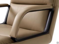 Detail of the comfortable armrests with black aluminium ring frame and leather-covered support