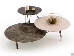 Log modern occasional table with multiple tops: black chromed metal structure with Emperador marble, Agate pink matt lacquer and dark oak  wood veneer tops