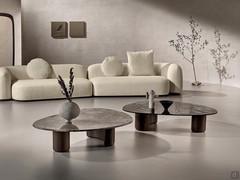 Pair of Lotus coffee tables with solid walnut legs and marble or fired glass top