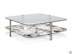 Biplane coffee table by Cattelan in the 122 x 122 cm square format. The two shelves are only leaning against the structure: it is therefore possible to invert their position at any time