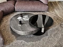 Arena steel round coffee table by Cattelan in the Arena Bond version, with revolving top in bevelled smoked glass