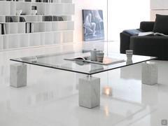 Dielle glass and marble coffee table by Cattelan, with rectangular feet in polished white Carrara marble