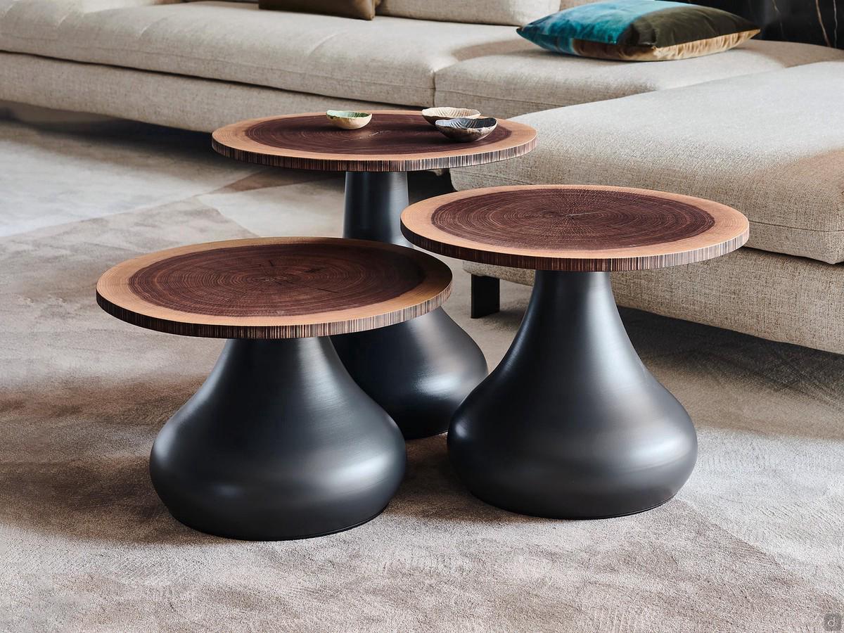 Coffee table with top formed from a section of Rio walnut trunk by Cattelan, graphite base