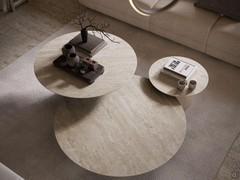 Composition of round coffee tables, matching top finish, in KM21 Colosseo, and matching heights and widths