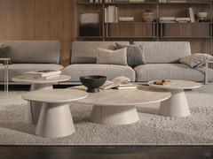 Keramik KM21 Colosseo stone round top coffee tables with matching pearl embossed metal base