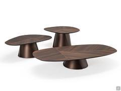 Adrian Wood coffee table - set of 3 models cm 90, 118, 180 in heights cm 48, 38 and 28 respectively - burnt oak top and bronze embossed metal base
