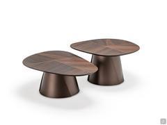 Pair of Adrian Wood coffee tables in burnt oak with bronze embossed metal base