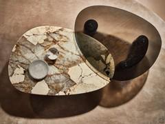 Detail of the two Lotus coffee tables, the larger one with a shaped Patagonia marble top and the other with a shaped bronze-baked glass top 