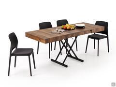 Lucas coffee table transformed into a table thanks to the adjustable lift-up system of the frame and the synchronised opening system of the top with central extension leaves hidden under the top