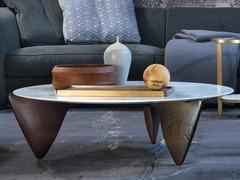 Future coffee table with three triangular feet in Brown Oak and white Carrara marble top