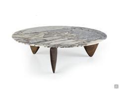 Future coffee table in Ocean Storm polished marble, with shaped feet in canaletto walnut