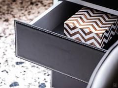 Detail of chest of drawers with leather fronts
