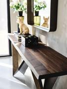 Detail of stripped top in Burnt Oak, on brushed bronze lacquered plinth