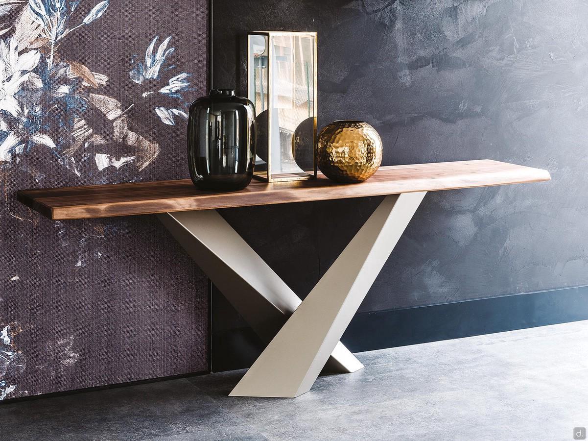 Stratos wooden console table with irregular edge by Cattelan with titanium-embossed metal legs