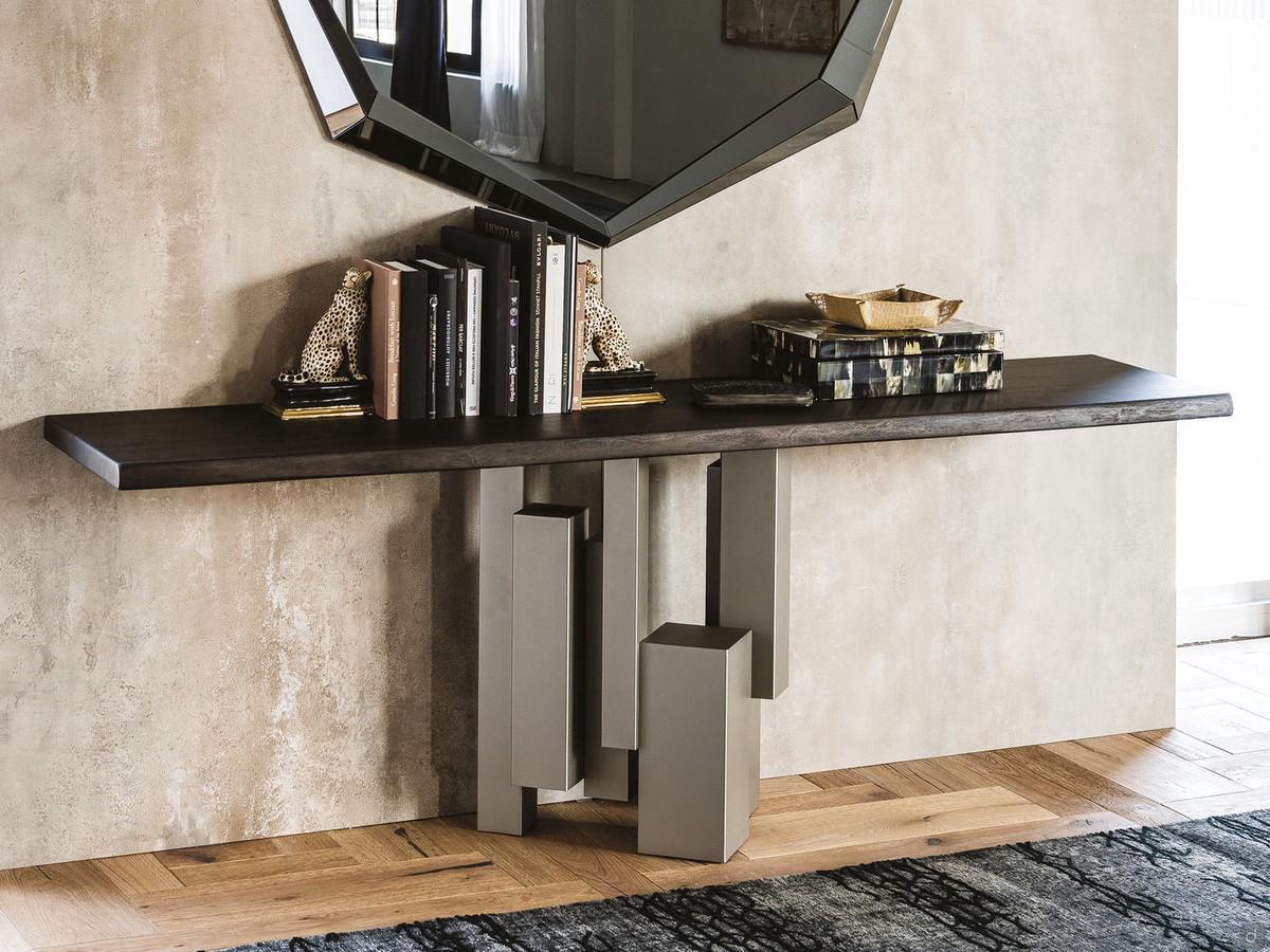 Skyline wall console table by Cattelan with burnt oak top with irregular edge and sculptural base in embossed titanium metal