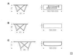 Models and dimensions available: A) rectangular glass top B) rectangular wooden top with irregular edge C) rectangular top with rounded corners and wooden top insert
