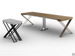 Pair of Fox consoles: on the left, closed with light grey brushed cement melamine top and titanium painted metal 'X' base. Right, open with top in knotted natural oak melamine and champagne varnished structure