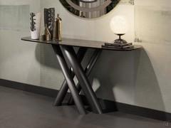 Elegant console table with Ivy woven base, with polished glass ceramic top noir desire