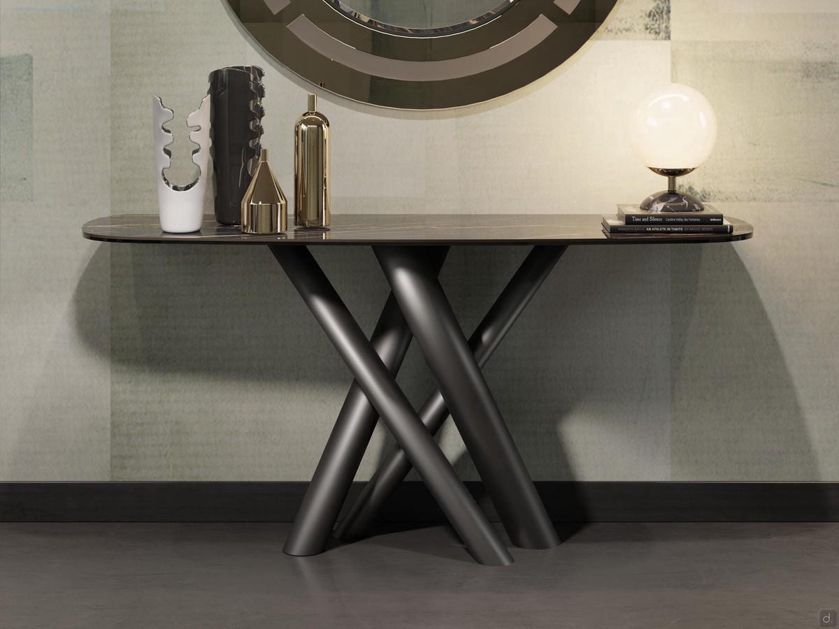 Elegant console table with Ivy woven base, with characteristic tubular structure and 140 cm wide shaped top