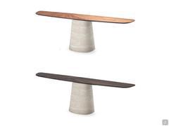 Rado living room console table in the version with wooden top with contrasting solid wood inserts and bevelled edge. Top in canaletto walnut, bottom in burnt oak
