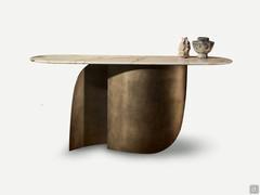 Indigo console table, with sinuous two-piece sheet metal base, painted or brushed