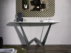 Entrance console table with Winner stoneware top shown in combination with an important wall mirror. Also visible is the characteristic 'W' profile of the base