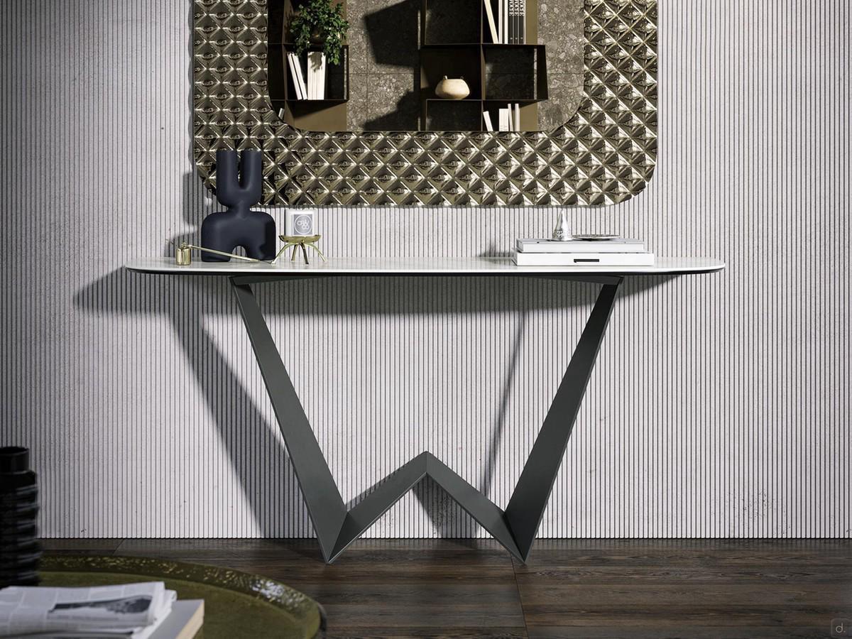 Entrance console table with Winner stoneware top shown in combination with an important wall mirror. Also visible is the characteristic 'W' profile of the base