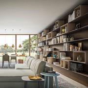 Living composition with Plan shelves for Plan back panel with Mud matt lacquer finish