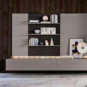 Arena high-gloss lacquered shelves 1.4 cm thick combined with Plan back panel in Fashion Wood Fossil Oak