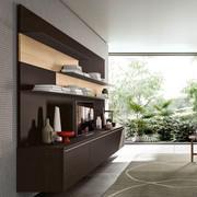 Mensole in metallo vernicato Moka Shine spessore 0,4 cm in abbinamento allo schienale Plan in Fashion Wood Rovere Carbone e Rovere Naturale