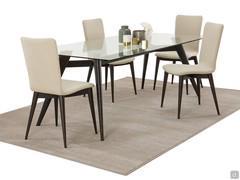 Benjamin table with clear glass top and trestle wooden structure 